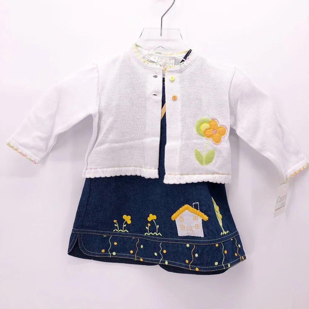 NWT 12 Mo Cucci Bebe Jumper‎ Overall Dress w Sweater Applique Embroidery Crochet
